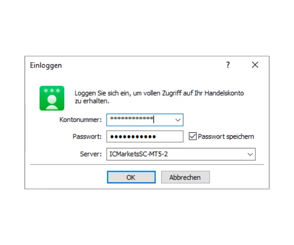 MT5 PC Anmeldefenster: Geben Sie Kontonummer und Passwort ein, wählen Sie den richtigen Server aus dem Dropdown-Menü und klicken Sie auf OK.