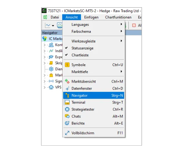 Klicken Sie im Hauptmenü auf ‚Ansicht‘ und wählen Sie dann ‚Navigator‘, um das Navigator-Fenster zu öffnen.