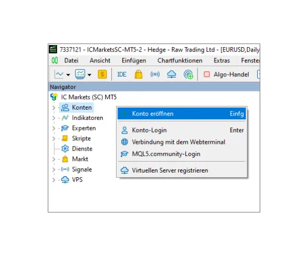 Klicken Sie im MT5 Navigator-Fenster mit der rechten Maustaste auf ‚Konten‘ und wählen Sie ‚Konto eröffnen‘.