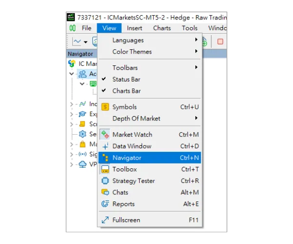 Klikk på 'Vis (View)' i hovedmenyen, og velg deretter 'Navigator' for å åpne panelet.