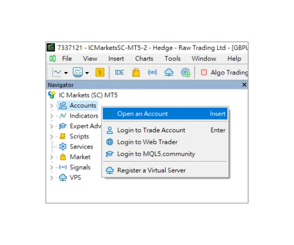 I MT5 Navigator-panelet, høyreklikk på 'Kontoer (Accounts)' og velg 'Åpne en konto (Open an Account)'.