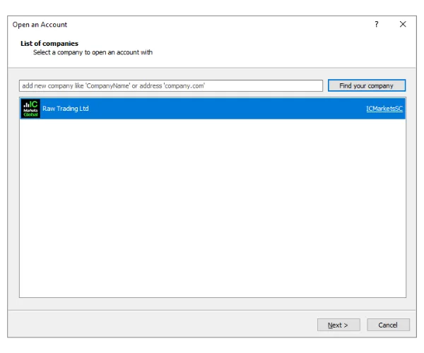 I MT5-vinduet Åpne en konto, søk etter en megler som IC Markets og klikk på 'Finn selskapet ditt (Find your company)'.