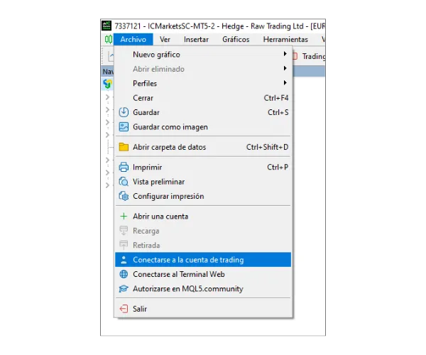 En el menú principal de MT5 para PC, haz clic en 'Archivo' y luego selecciona 'Conectarse a la cuenta de trading'.