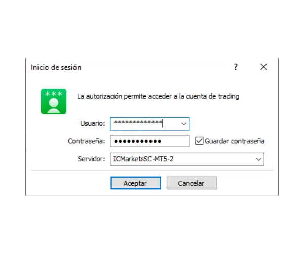 Ventana de inicio de sesión de MT5 PC, ingresa el Usuario, la Contraseña y selecciona el Servidor correcto, luego haz clic en Aceptar.