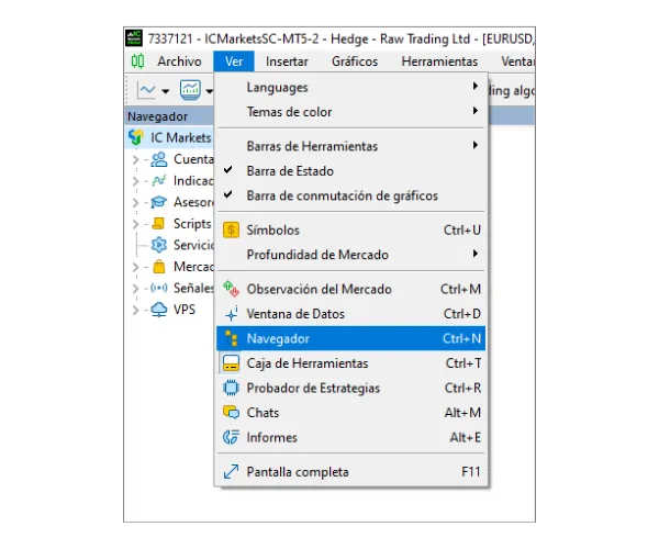 Haz clic en 'Ver' en el menú principal y selecciona 'Navegador' para abrir el panel.