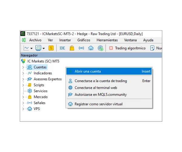 En el panel Navegador de MT5, haz clic derecho en 'Cuentas' y selecciona 'Abrir una cuenta'.