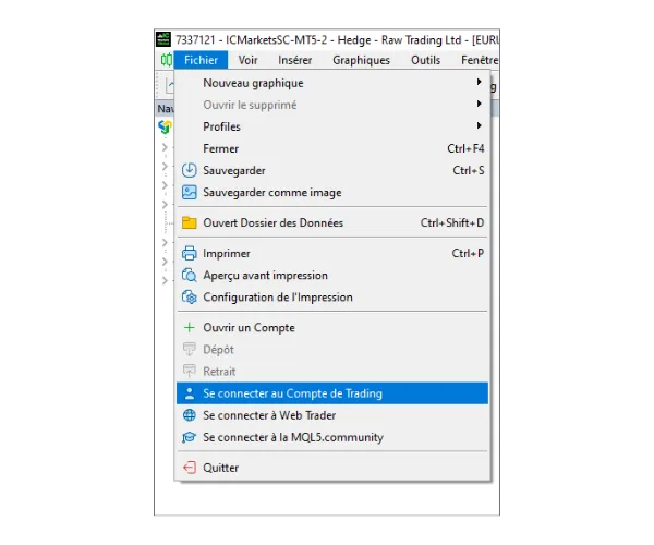 Dans le menu principal de MT5 PC, cliquez sur 'Fichier', puis sélectionnez 'Se connecter au Compte de Trading'.