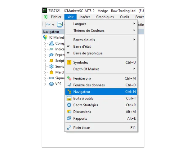 Cliquez sur 'Voir' dans le menu principal, puis sélectionnez 'Navigateur' pour ouvrir le panneau Navigateur.