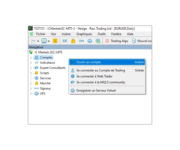 Dans le panneau Navigateur de MT5, faites un clic droit sur 'Comptes' et sélectionnez 'Ouvrir un compte'.