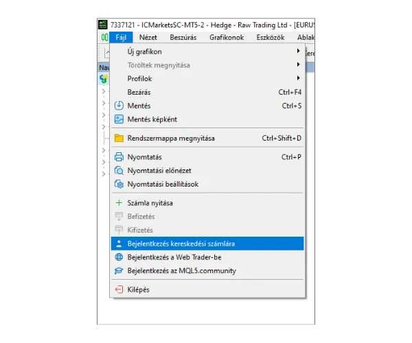 Az MT5 PC főmenüjében kattintson a 'Fájl' gombra, majd válassza a 'Bejelentkezés kereskedési számlára' lehetőséget.