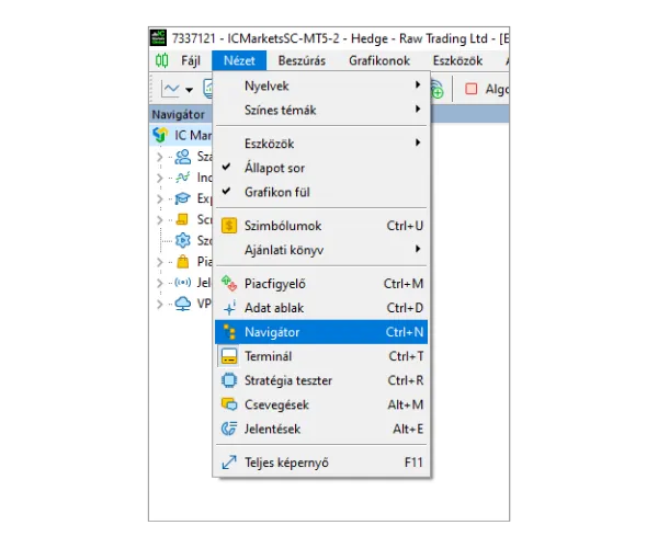 Kattintson a 'Nézet' menüpontra, majd válassza a 'Navigátor' lehetőséget a panel megnyitásához.