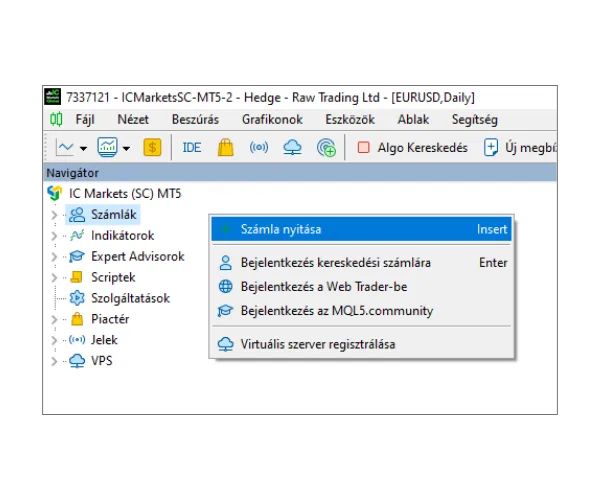 Az MT5 Navigátor paneljén kattintson jobb gombbal a 'Számlák' elemre, és válassza a 'Számla nyitása' lehetőséget.