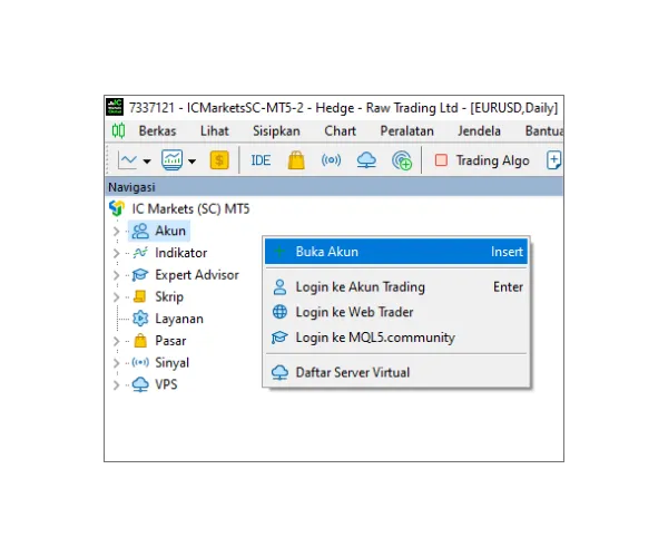 Di panel Navigasi MT5, klik kanan pada 'Akun' dan pilih 'Buka Akun'.