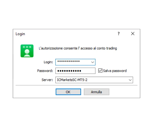 Finestra di login MT5 PC, inserisci Login, Password e seleziona il Server corretto dal menu a discesa, poi clicca su OK.
