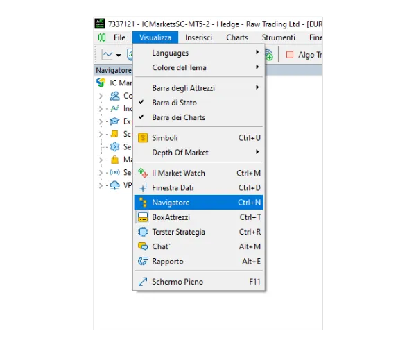 Clicca su 'Visualizza' nel menu principale, poi seleziona 'Navigatore' per aprire il pannello Navigatore.