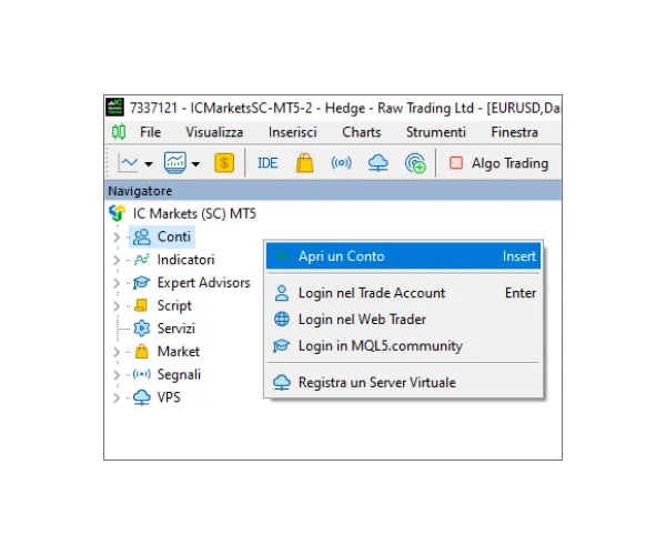 Nel pannello Navigatore di MT5, clicca col tasto destro su 'Conti' e seleziona 'Apri un Conto'.