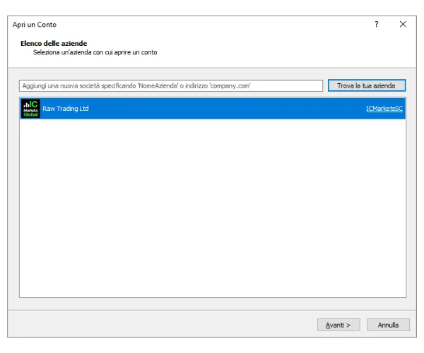 Nella finestra Apri un Conto di MT5, cerca un broker come IC Markets e clicca su 'Trova la tua azienda'.