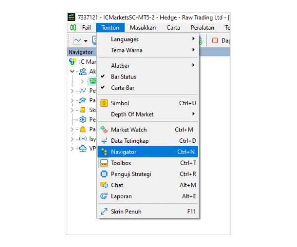 Klik 'Tonton' di menu utama, kemudian pilih 'Navigator' untuk membuka panel Navigator.
