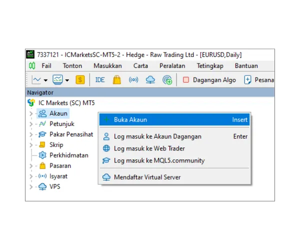 Dalam panel Navigator MT5, klik kanan pada 'Akaun' dan pilih 'Buka Akaun'.