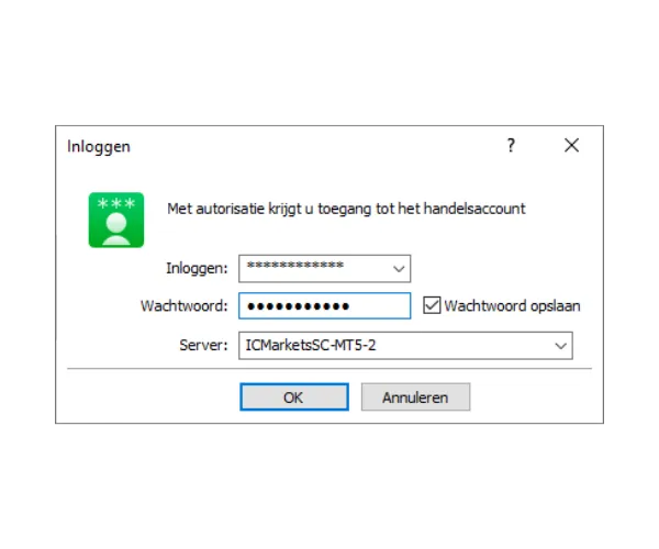 MT5 PC inlogvenster, vul Inloggen, Wachtwoord in en selecteer de juiste Server uit het vervolgkeuzemenu, klik vervolgens op OK.