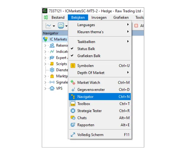 Klik op 'Bekijken' in het hoofdmenu en selecteer vervolgens 'Navigator' om het Navigator-paneel te openen.