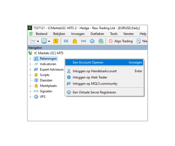 Klik in het MT5 Navigator-paneel met de rechtermuisknop op 'Rekeningen' en selecteer 'Een Account Openen'.