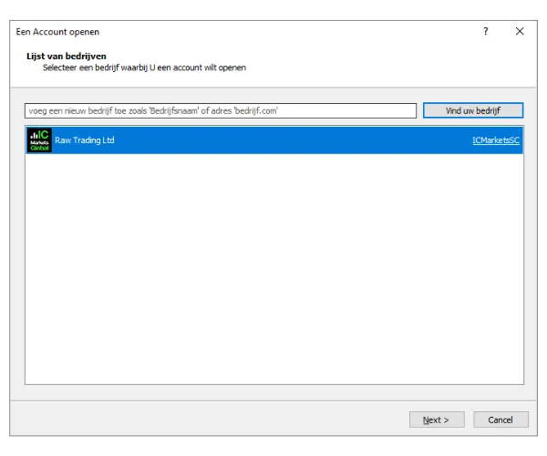 Zoek in het MT5 venster 'Een Account Openen' naar een makelaar zoals IC Markets en klik op 'Vind uw bedrijf'.