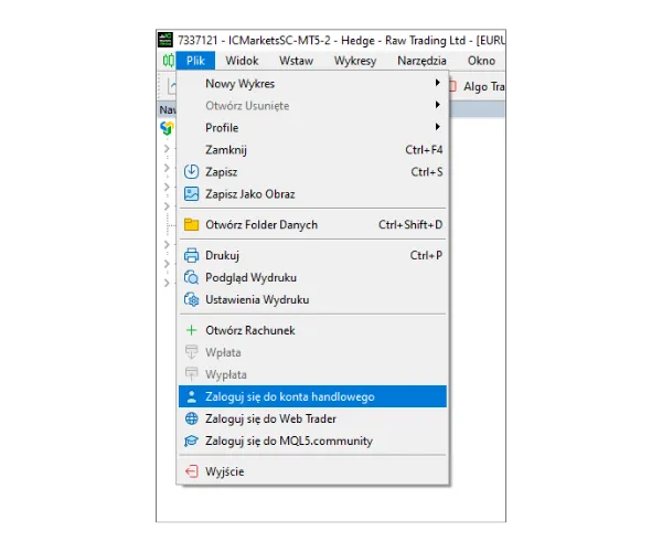 W menu głównym MT5 PC kliknij 'Plik', a następnie wybierz 'Zaloguj się do konta handlowego'.