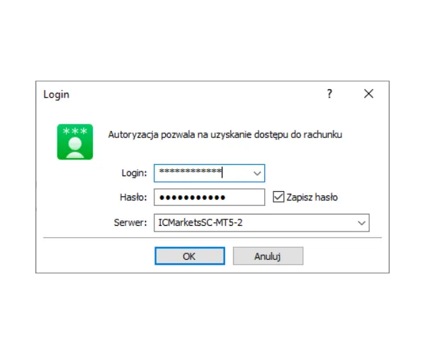 Okno logowania MT5 PC, wpisz Login, Hasło i wybierz odpowiedni Serwer z menu rozwijanego, a następnie kliknij OK.