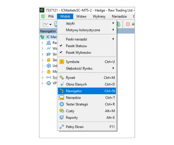 Kliknij 'Widok' w menu głównym, a następnie wybierz 'Nawigator', aby otworzyć panel Nawigator.