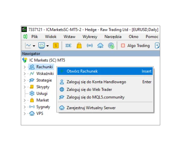 W panelu Nawigator MT5 kliknij prawym przyciskiem myszy na 'Rachunki' i wybierz 'Otwórz Rachunek'.