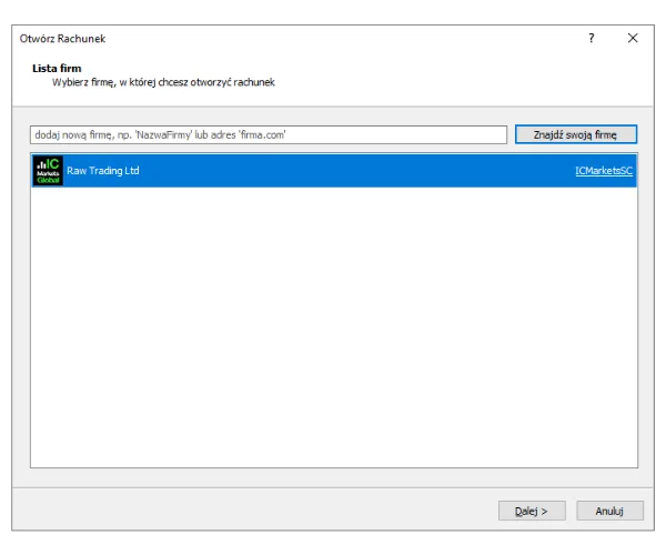 W oknie Otwórz Rachunek w MT5 wyszukaj brokera, takiego jak IC Markets, i kliknij 'Znajdź swoją firmę'.