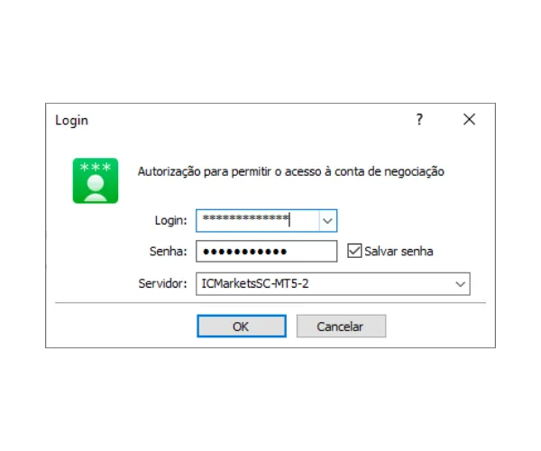 Janela de login do MT5 PC, preencha Login, Senha e selecione o Servidor correto no menu suspenso, depois clique em OK.
