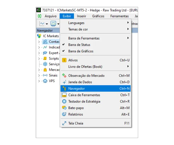 Clique em 'Ver' no menu principal e selecione 'Navegador' para abrir o painel Navegador.