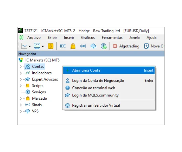 No painel Navegador do MT5, clique com o botão direito em 'Contas' e selecione 'Abrir uma Conta'.