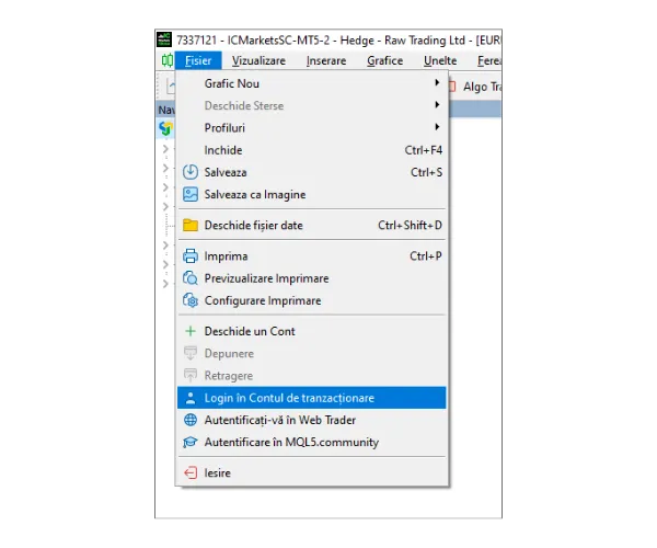 În meniul principal MT5 PC, faceți clic pe 'Fișier', apoi selectați 'Login în Contul de tranzacționare'.