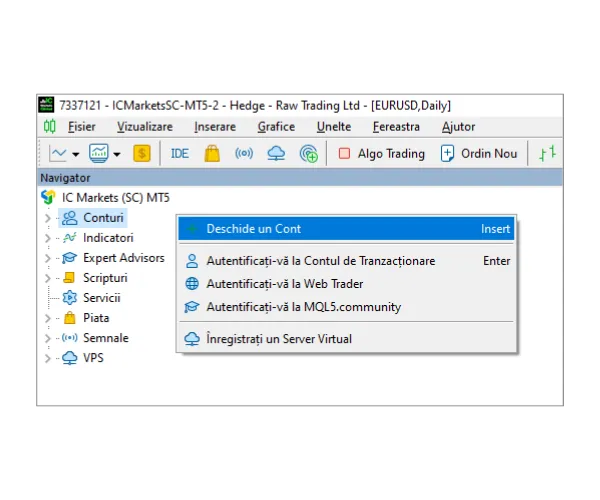 În panoul Navigator MT5, faceți clic dreapta pe 'Conturi' și selectați 'Deschide un Cont'.