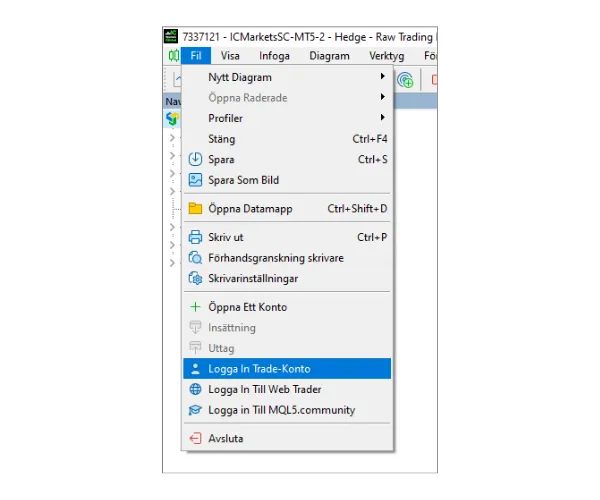 I huvudmenyn på MT5 PC, klicka på 'Fil' och välj sedan 'Logga In Trade-Konto'.