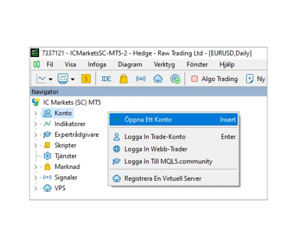 I MT5 Navigatör-panelen, högerklicka på 'Konto' och välj 'Öppna Ett Konto'.