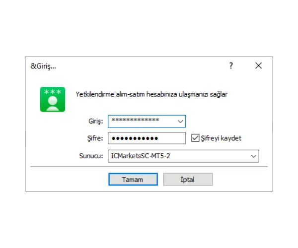 MT5 PC giriş penceresi, Giriş, Şifre bilgilerini doldurun ve açılır menüden doğru Sunucuyu seçip Tamam'a tıklayın.