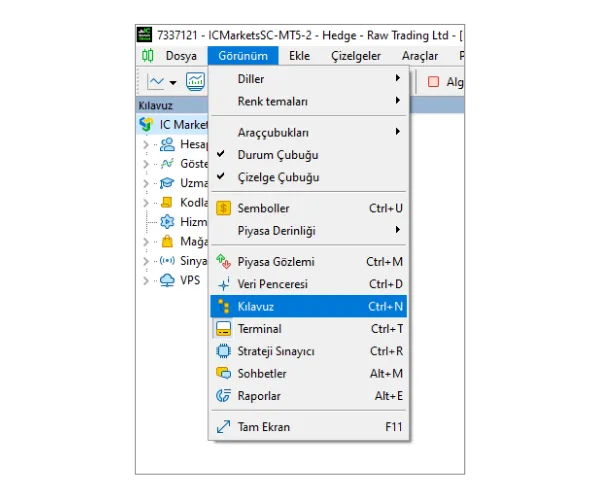 Kılavuz panelini açmak için ana menüden 'Görünüm'e tıklayın ve ardından 'Kılavuz'u seçin.