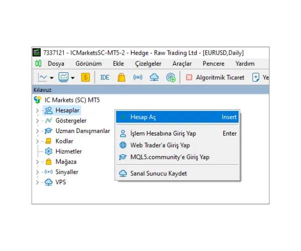MT5 Kılavuz panelinde, 'Hesaplar'a sağ tıklayın ve 'Hesap Aç'ı seçin.