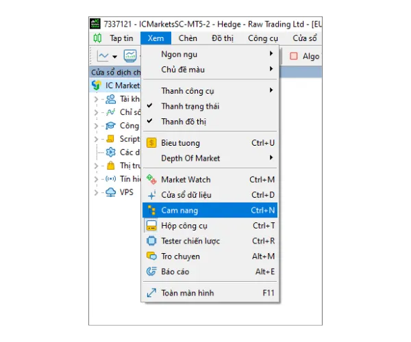 Nhấp vào 'Xem' trong menu chính, sau đó chọn 'Cam nang' để mở bảng điều khiển Navigator.