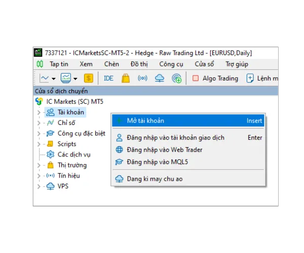 Trong bảng điều khiển Navigator MT5, nhấp chuột phải vào 'Tài khoản' và chọn 'Mở tài khoản'.