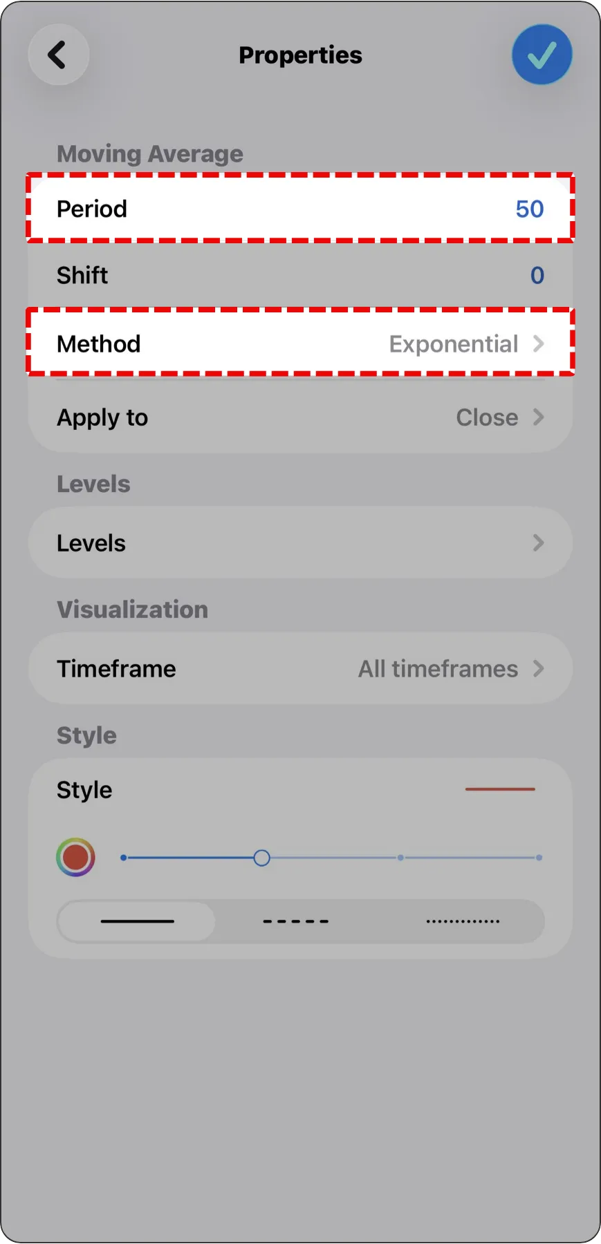 MT5 移動平均線參數設定頁面，顯示將「期間 (Period)」設定為 50，以及「方法 (Method)」設定為 Exponential (指數移動平均) 的關鍵參數調整。