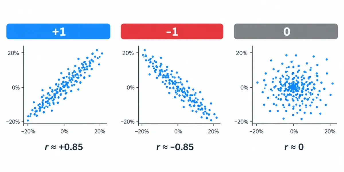 Tres diagramas de dispersión de las rentabilidades de dos activos muestran las diferencias entre correlación positiva, negativa y próxima a cero.