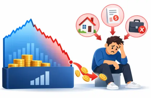 市場下跌與財務壓力示意圖。左側為投資資產下跌的走勢與減少的資金，右側為因失業、房貸及生活費感到焦慮的投資人，說明即使了解長期投資，仍可能因現金流不足而被迫賣出資產。