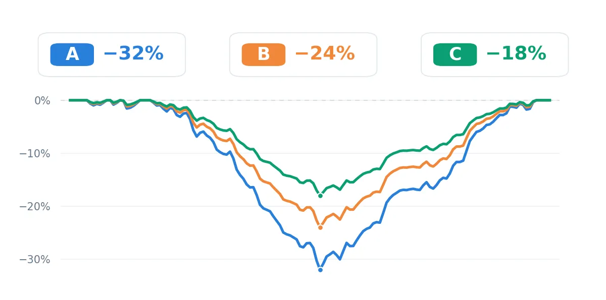 Comparación hipotética de la caída máxima de tres carteras: 100 % en ETF de índices amplios −32 %, ETF con bonos −24 % y ETF con estrategias de baja correlación −18 %.