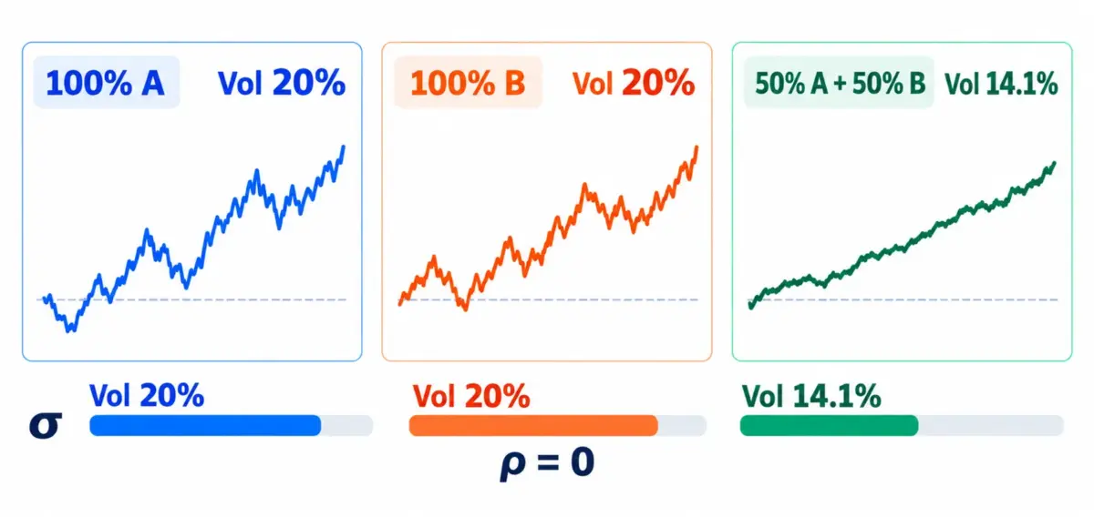 Los activos A y B presentan una volatilidad anualizada del 20 % cada uno. Con correlación nula y una asignación del 50/50, la volatilidad teórica de la cartera se reduce aproximadamente al 14,1 %, ilustrando el beneficio de la diversificación.